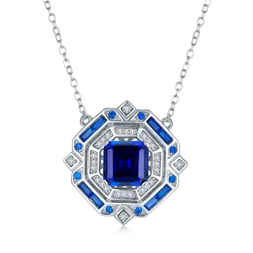 3.18 Carat Princess Cut Lab Created Sapphire Octagonal Pendant Necklace in S925 Silver with Platinum Plating