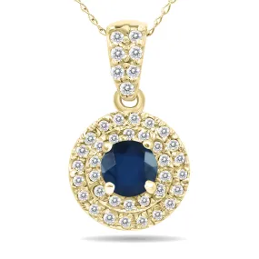 3/4 Carat Tw Double Halo Sapphire And Diamond Pendant In 10K Yellow Gold