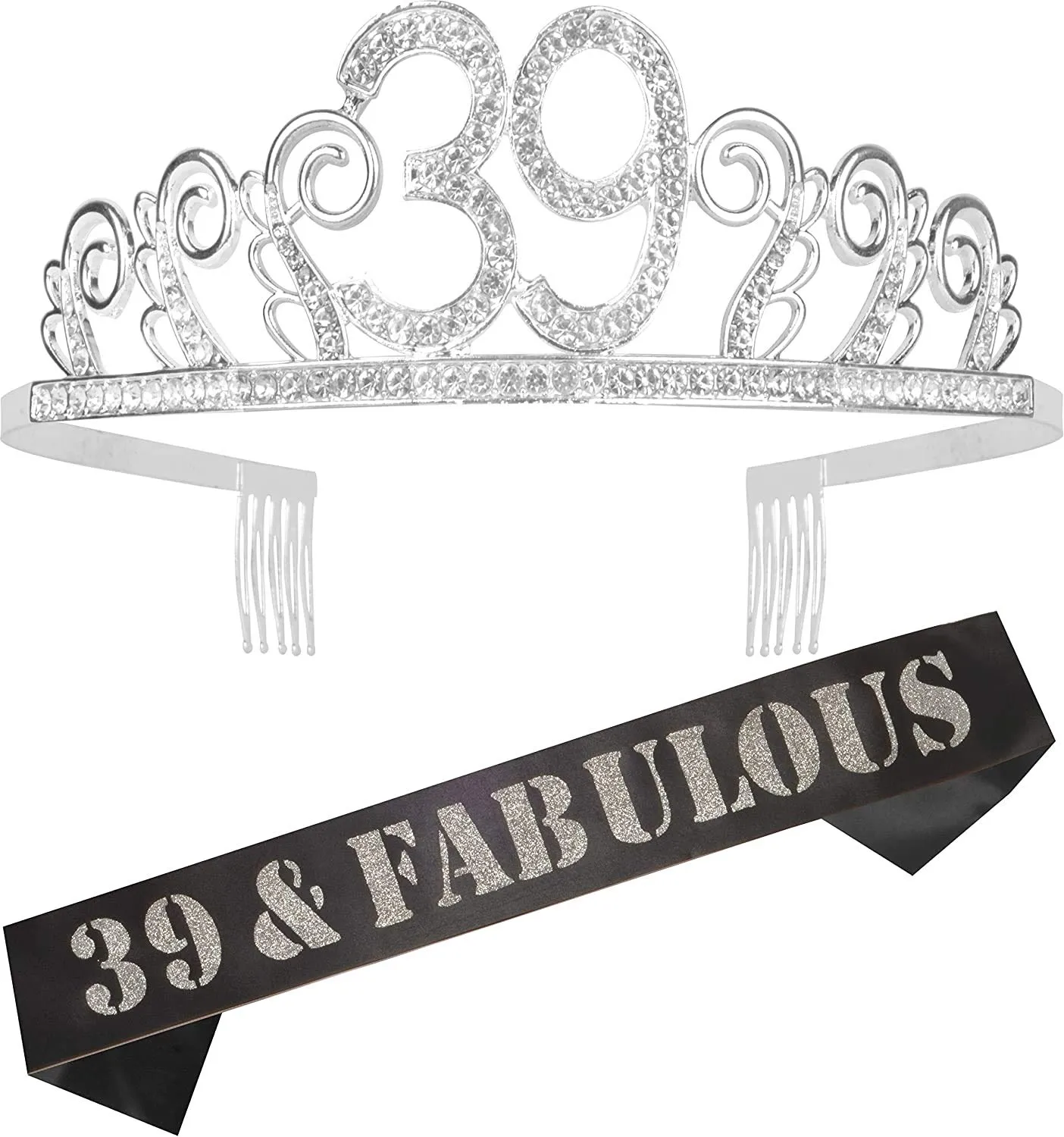 39th Birthday Tiara and Sash silver , 39th Birthday Gifts for lady, HAPPY 39th Birthday