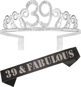 39th Birthday Tiara and Sash silver , 39th Birthday Gifts for lady, HAPPY 39th Birthday