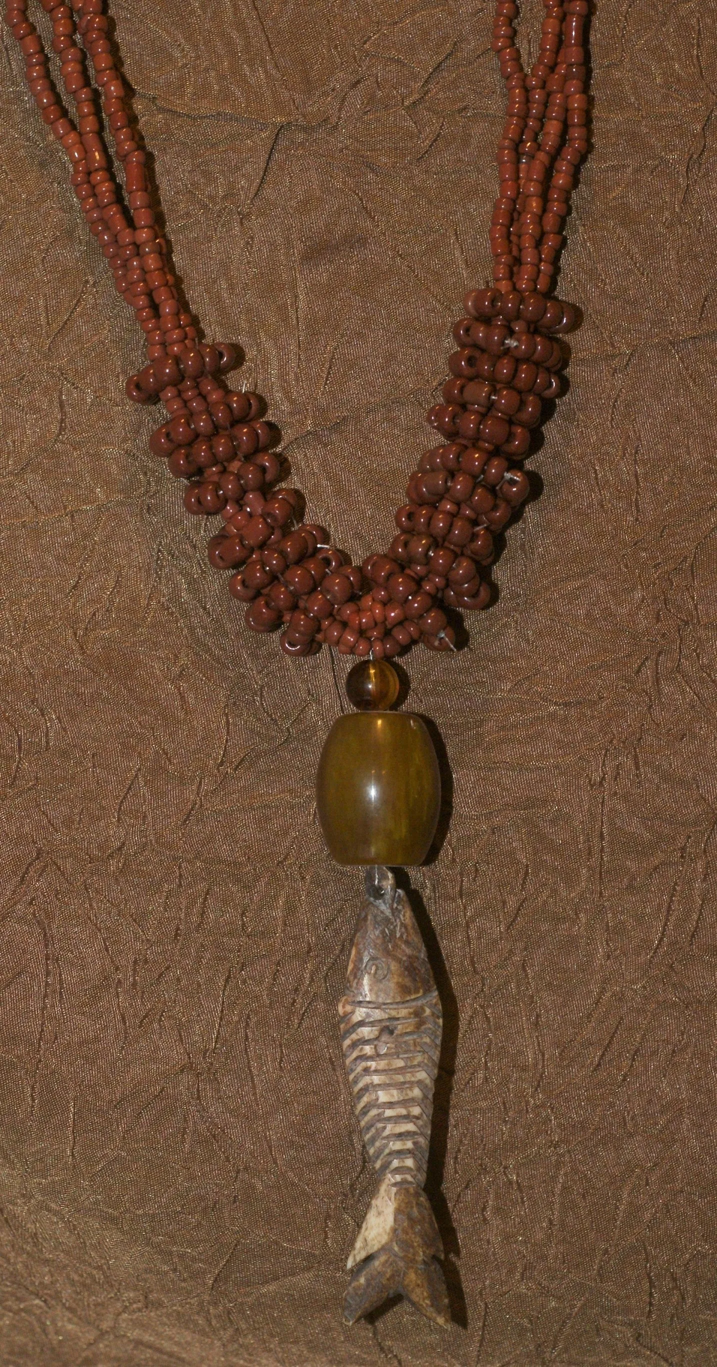 4 Strands Unique Earthtones Hand crafted Ethnic Glass Trade Beads Necklace with Buffalo Bone Hand Carved Pendant of Fish, Zodiac Pisces, Borneo Kalimantan, Indonesia NECK37