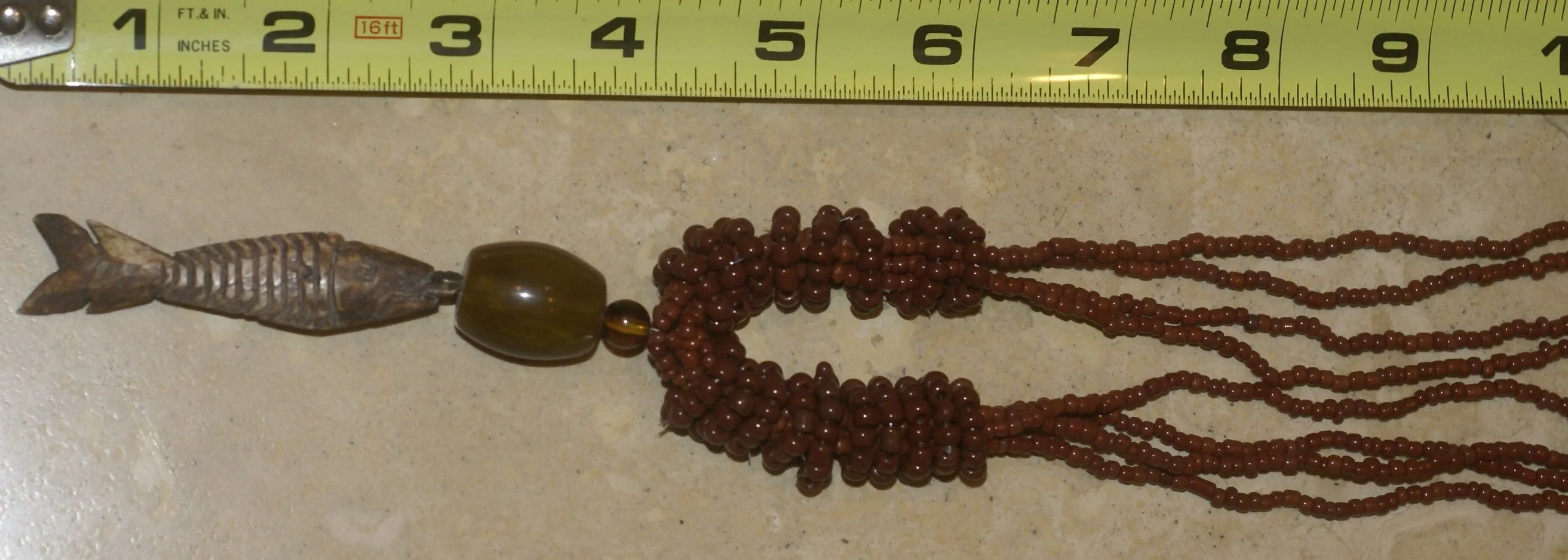 4 Strands Unique Earthtones Hand crafted Ethnic Glass Trade Beads Necklace with Buffalo Bone Hand Carved Pendant of Fish, Zodiac Pisces, Borneo Kalimantan, Indonesia NECK37