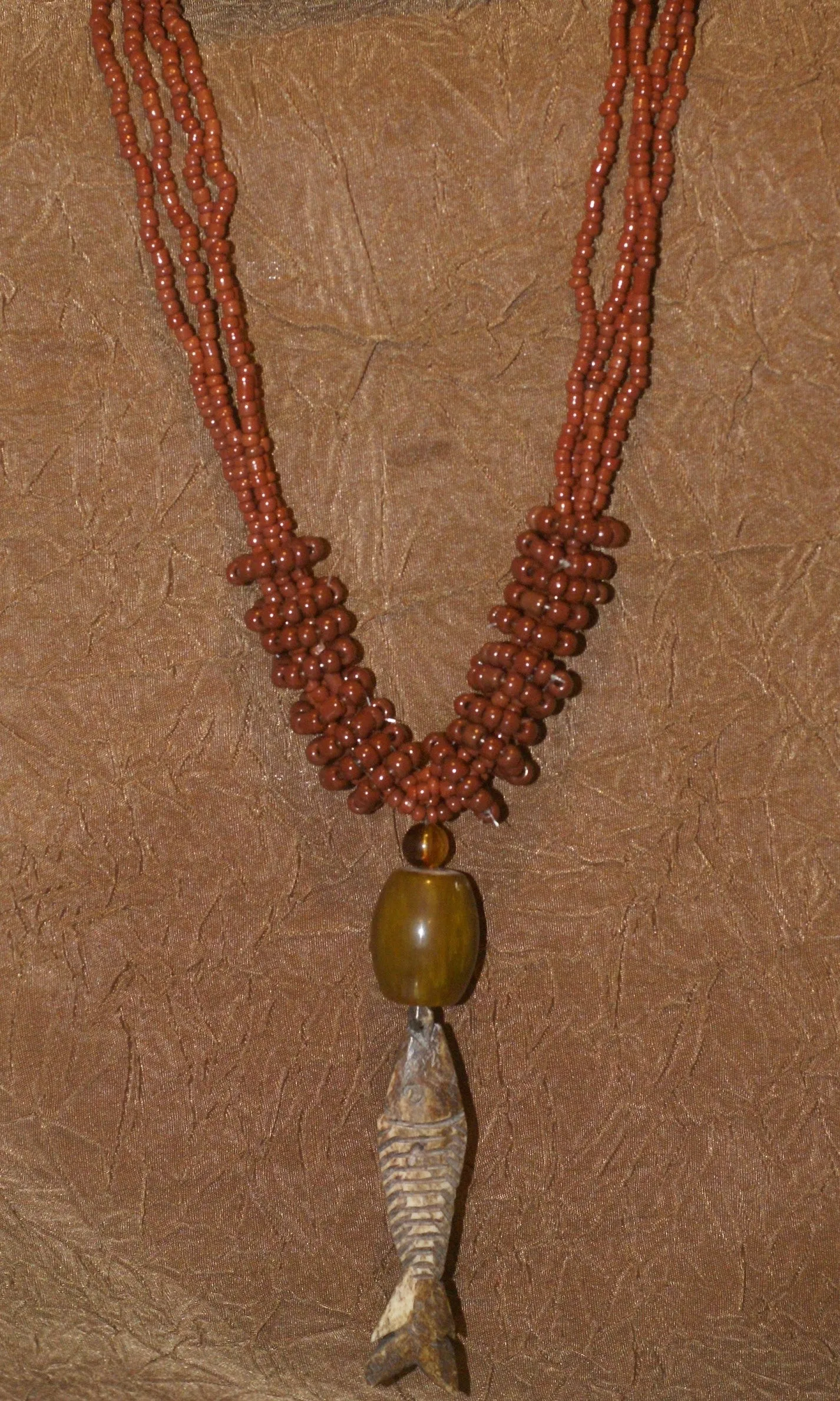 4 Strands Unique Earthtones Hand crafted Ethnic Glass Trade Beads Necklace with Buffalo Bone Hand Carved Pendant of Fish, Zodiac Pisces, Borneo Kalimantan, Indonesia NECK37