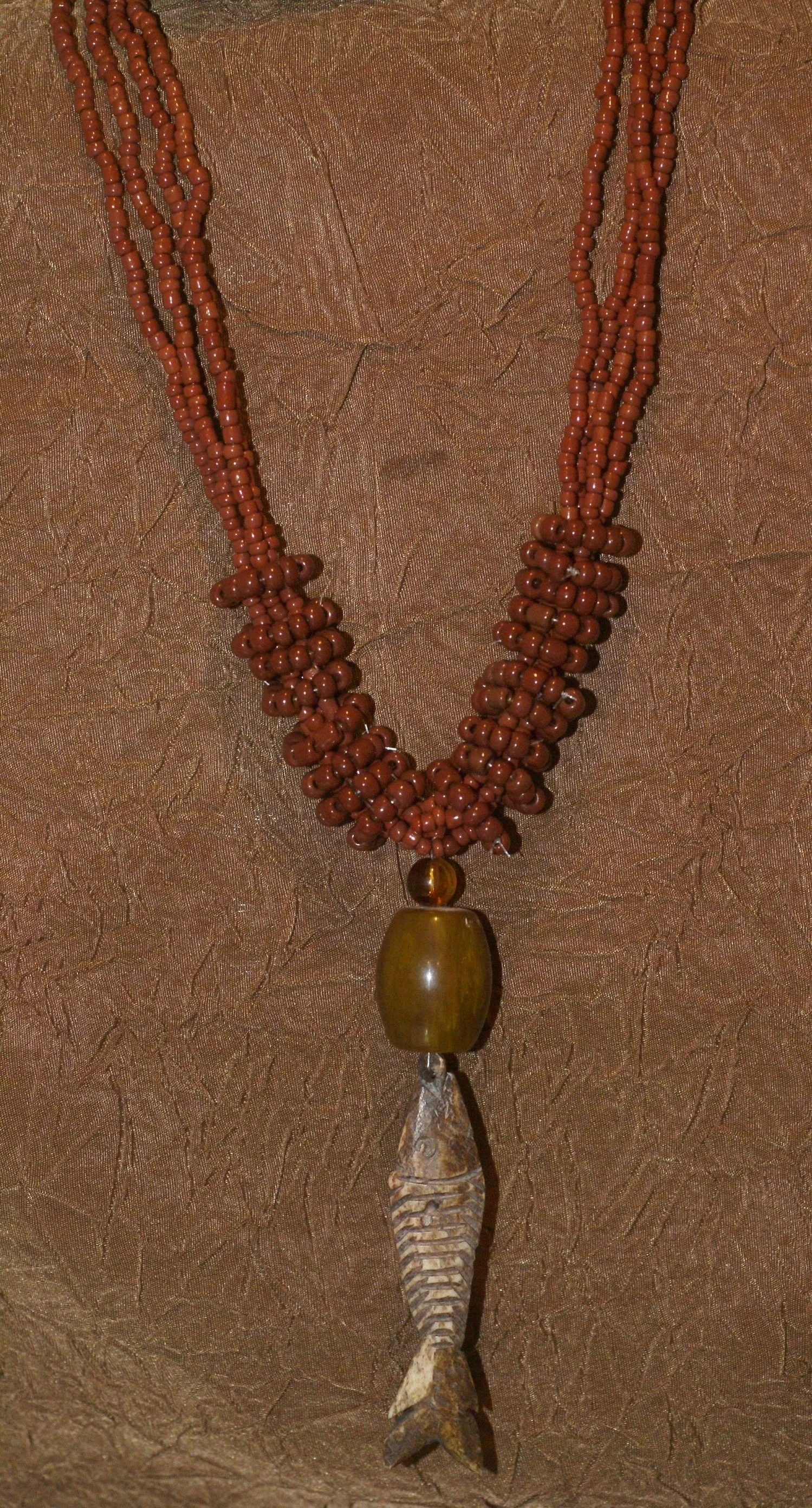 4 Strands Unique Earthtones Hand crafted Ethnic Glass Trade Beads Necklace with Buffalo Bone Hand Carved Pendant of Fish, Zodiac Pisces, Borneo Kalimantan, Indonesia NECK37