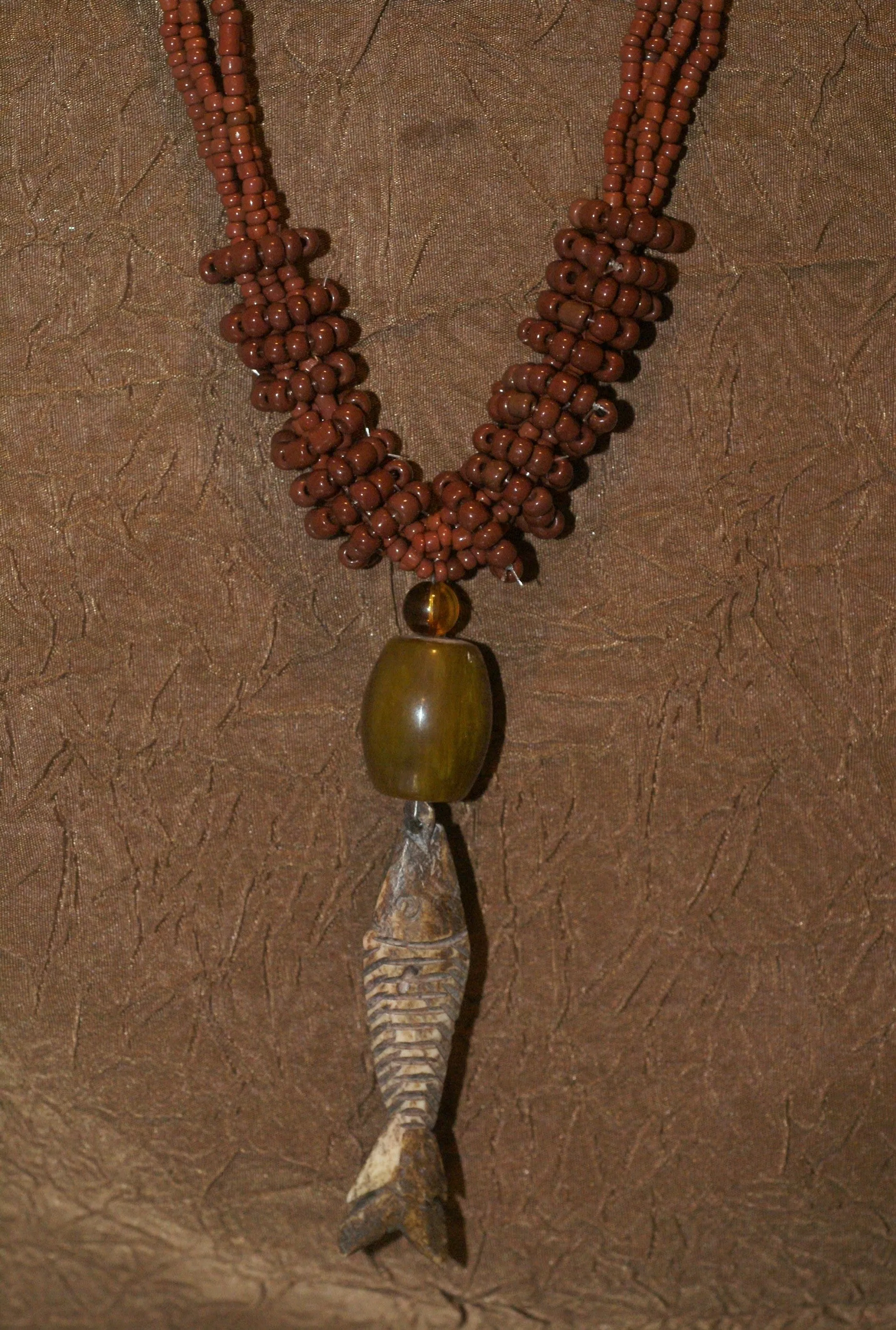 4 Strands Unique Earthtones Hand crafted Ethnic Glass Trade Beads Necklace with Buffalo Bone Hand Carved Pendant of Fish, Zodiac Pisces, Borneo Kalimantan, Indonesia NECK37