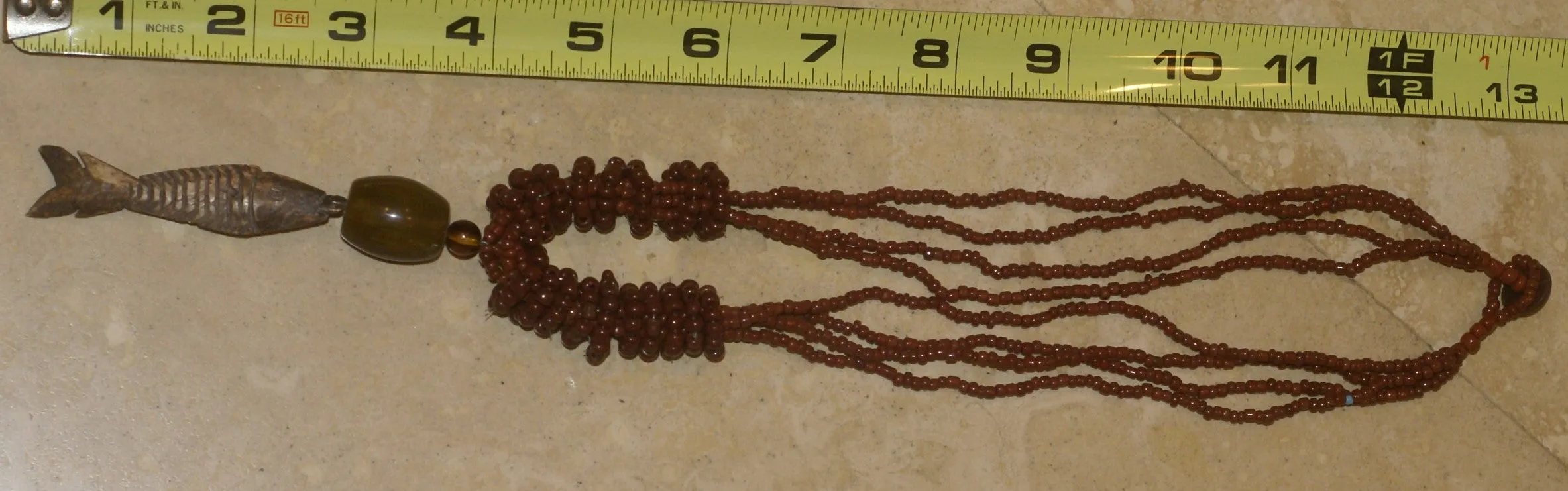 4 Strands Unique Earthtones Hand crafted Ethnic Glass Trade Beads Necklace with Buffalo Bone Hand Carved Pendant of Fish, Zodiac Pisces, Borneo Kalimantan, Indonesia NECK37