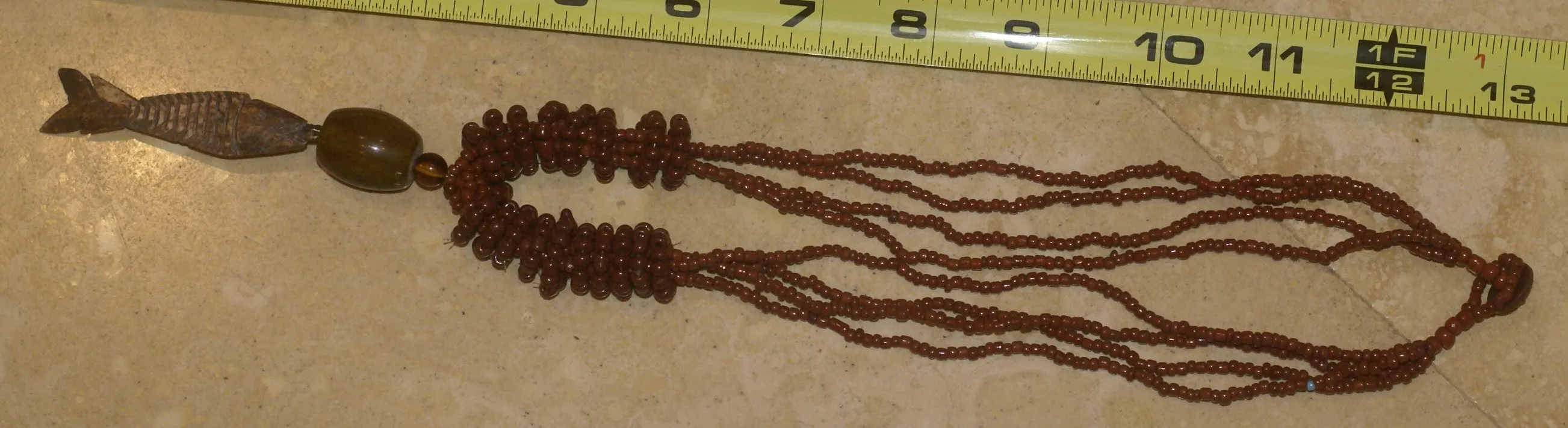 4 Strands Unique Earthtones Hand crafted Ethnic Glass Trade Beads Necklace with Buffalo Bone Hand Carved Pendant of Fish, Zodiac Pisces, Borneo Kalimantan, Indonesia NECK37