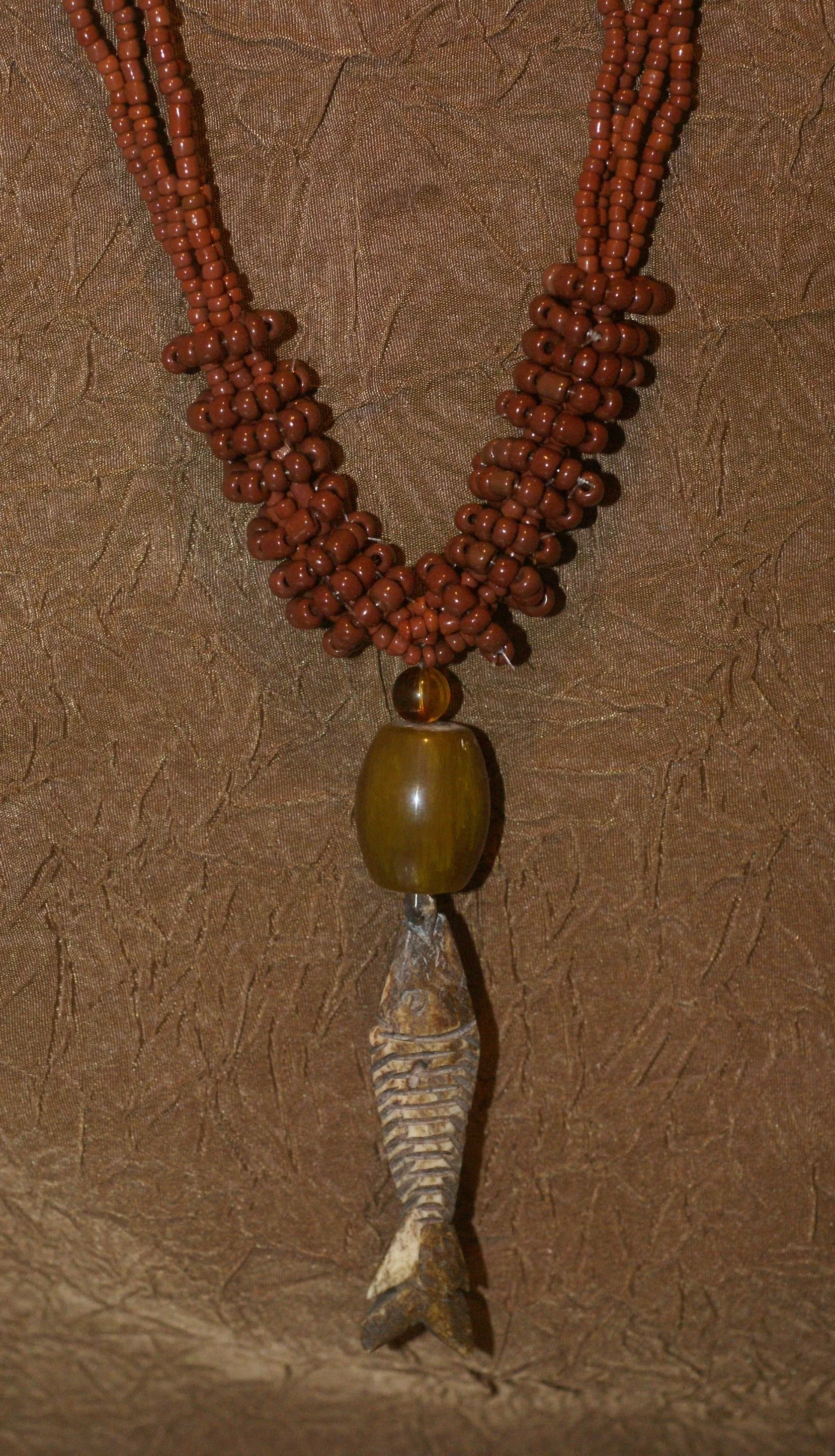 4 Strands Unique Earthtones Hand crafted Ethnic Glass Trade Beads Necklace with Buffalo Bone Hand Carved Pendant of Fish, Zodiac Pisces, Borneo Kalimantan, Indonesia NECK37
