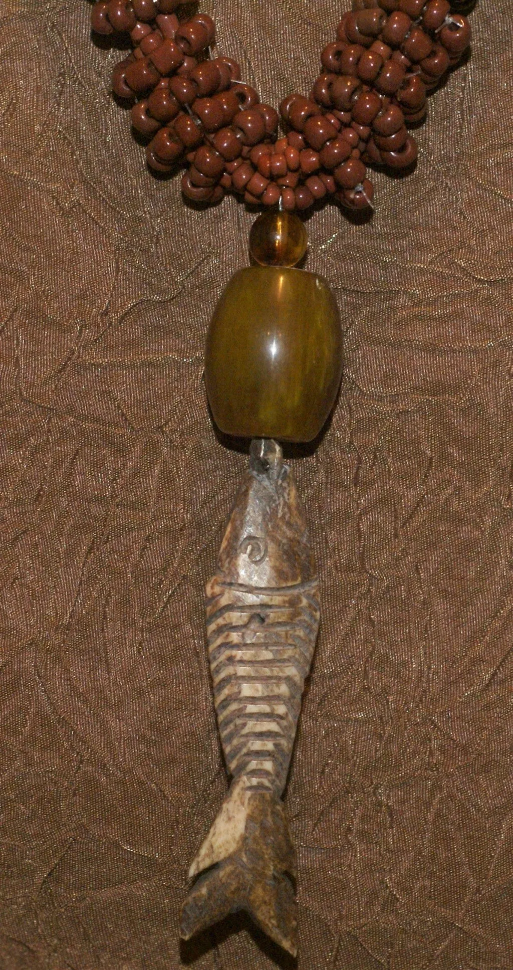 4 Strands Unique Earthtones Hand crafted Ethnic Glass Trade Beads Necklace with Buffalo Bone Hand Carved Pendant of Fish, Zodiac Pisces, Borneo Kalimantan, Indonesia NECK37