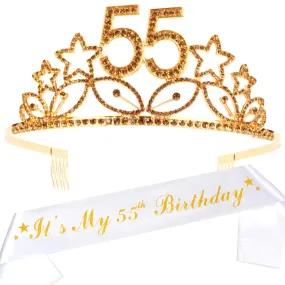 55th Birthday Gifts for Woman, 55th Birthday Tiara and Sash Gold, HAPPY 55th Birthday