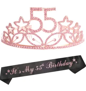55th Birthday Gifts for Woman, 55th Birthday Tiara and Sash Pink, Happy 55th Birthday