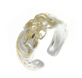 925 STERLING SILVER HAWAIIAN PLUMERIA SCROLL YELLOW GOLD 2T TOE RING 8MMg