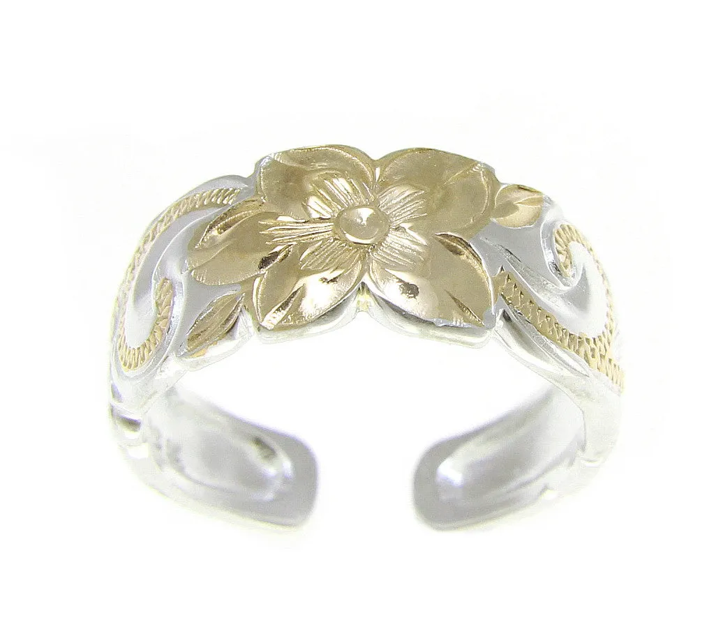925 STERLING SILVER HAWAIIAN PLUMERIA SCROLL YELLOW GOLD 2T TOE RING 8MMg