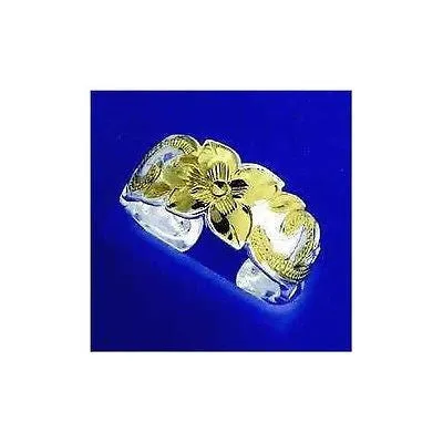 925 STERLING SILVER HAWAIIAN PLUMERIA SCROLL YELLOW GOLD 2T TOE RING 8MMg