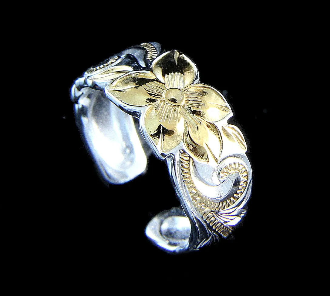 925 STERLING SILVER HAWAIIAN PLUMERIA SCROLL YELLOW GOLD 2T TOE RING 8MMg