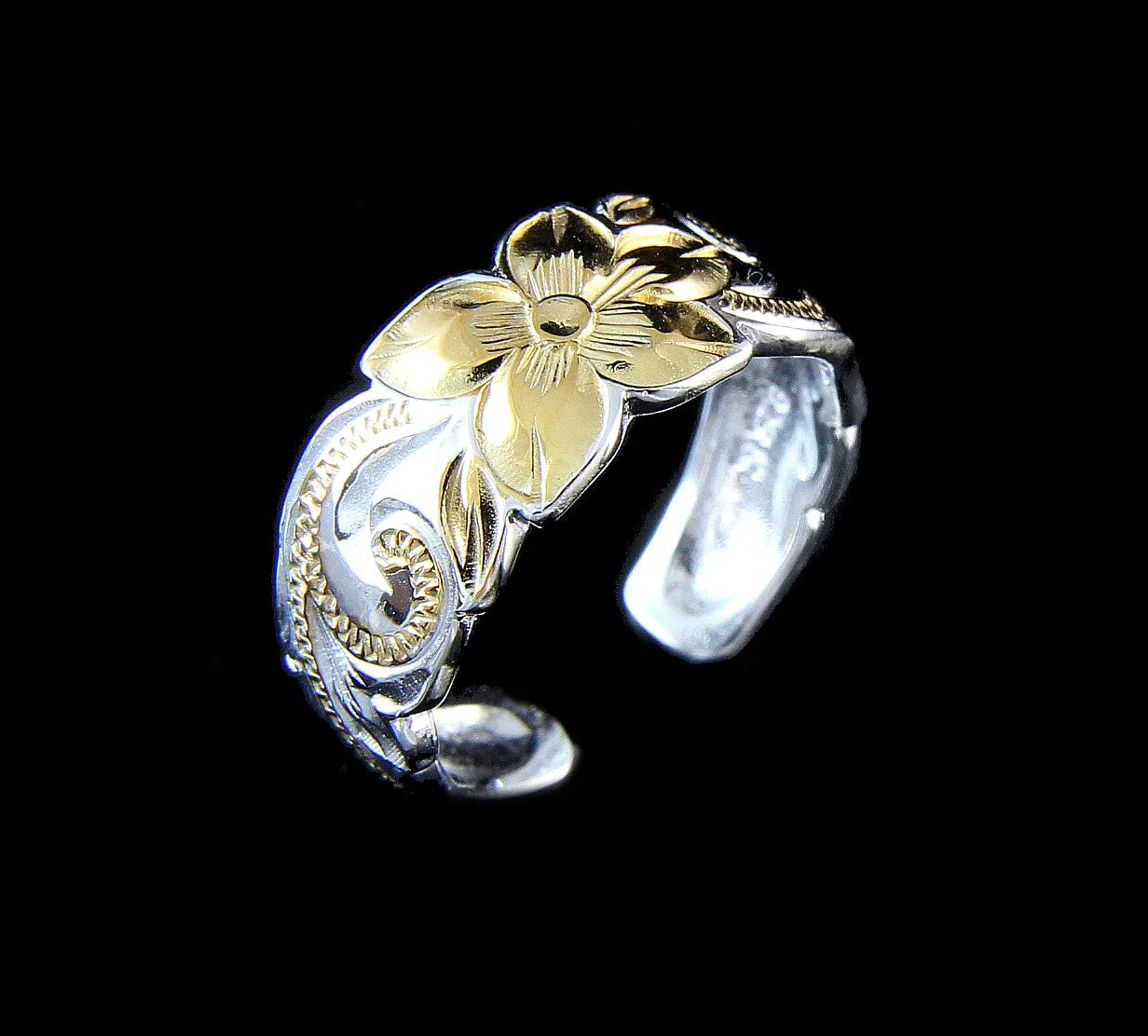 925 STERLING SILVER HAWAIIAN PLUMERIA SCROLL YELLOW GOLD 2T TOE RING 8MMg