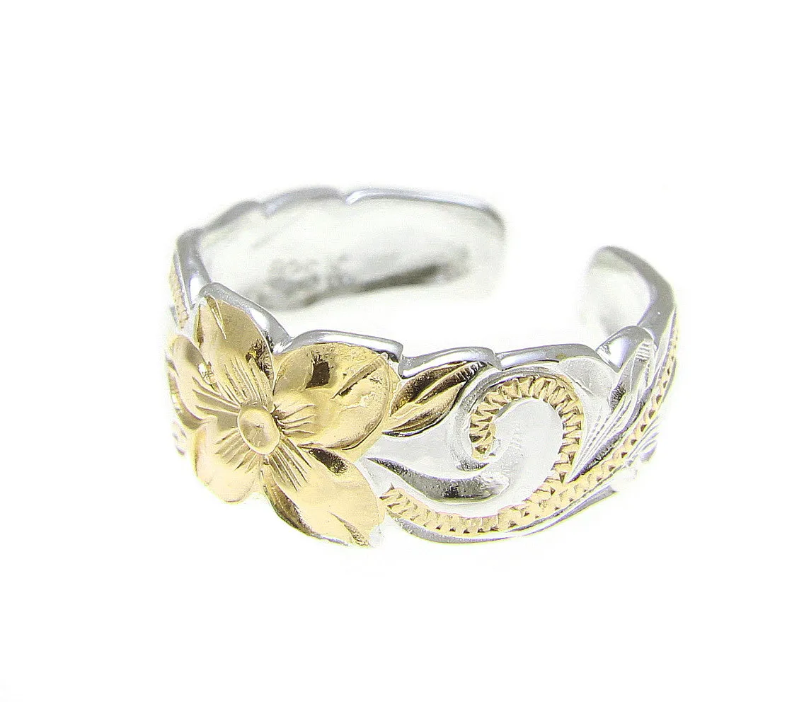 925 STERLING SILVER HAWAIIAN PLUMERIA SCROLL YELLOW GOLD 2T TOE RING 8MMg