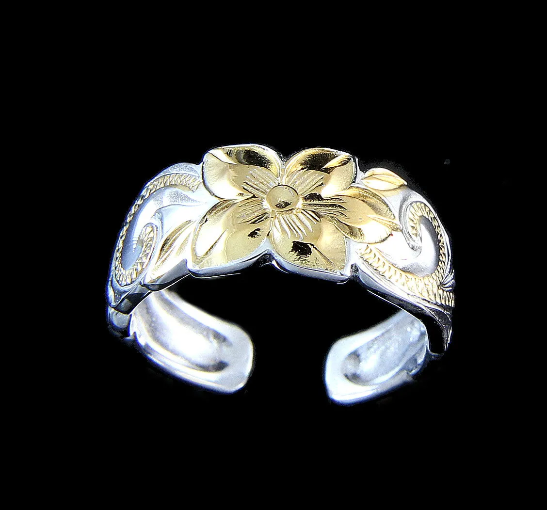925 STERLING SILVER HAWAIIAN PLUMERIA SCROLL YELLOW GOLD 2T TOE RING 8MMg