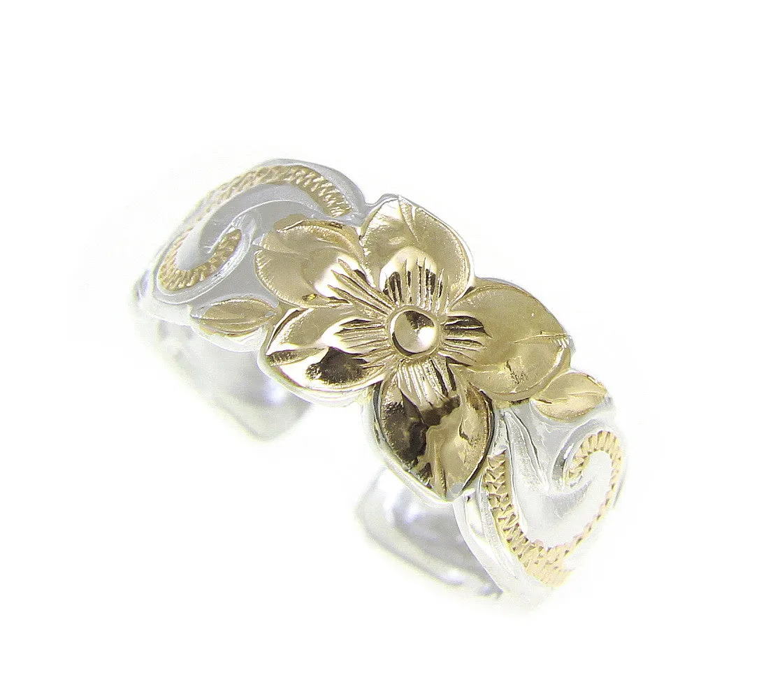 925 STERLING SILVER HAWAIIAN PLUMERIA SCROLL YELLOW GOLD 2T TOE RING 8MMg