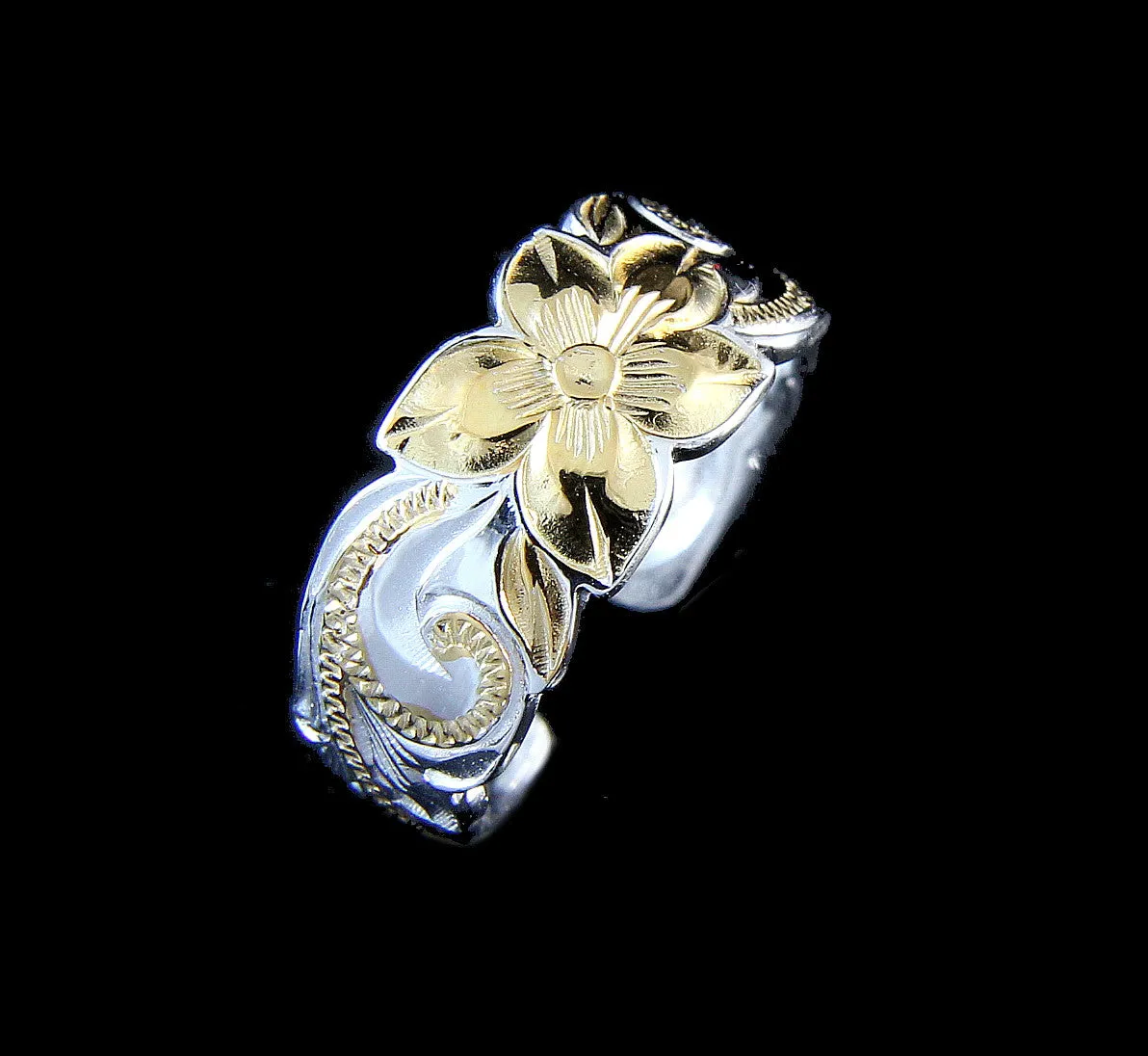 925 STERLING SILVER HAWAIIAN PLUMERIA SCROLL YELLOW GOLD 2T TOE RING 8MMg