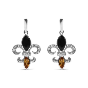 .925 Sterling Silver Marquise Cut Onyx and Citrine with Diamond Accent Fleur De Lis Drop Stud Earrings (H-I Color, SI1-SI2 Clarity)
