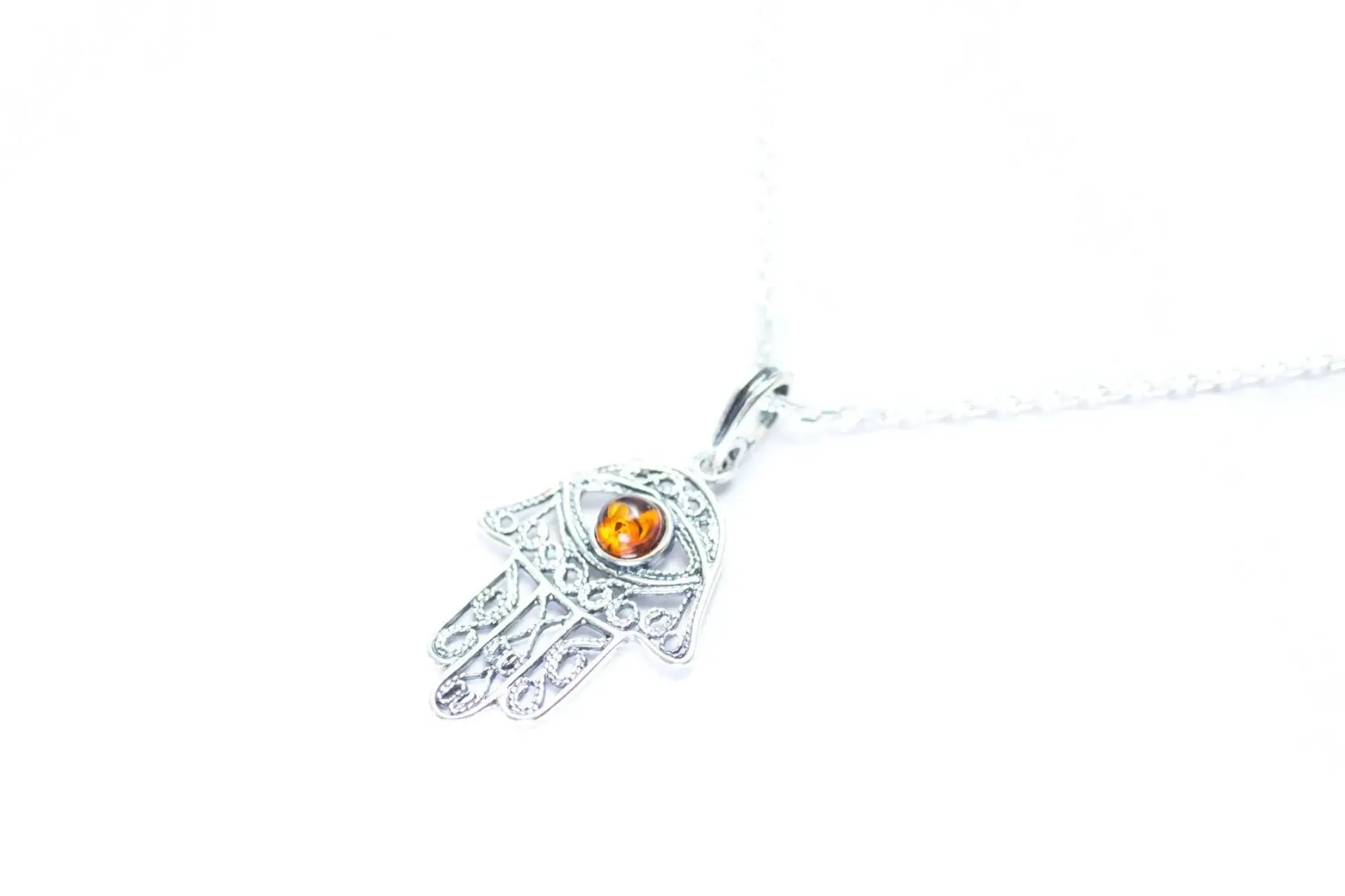 Ajoure Hamsa Pendant - Sterling Silver Charm Pendant with Amber Centerpiece