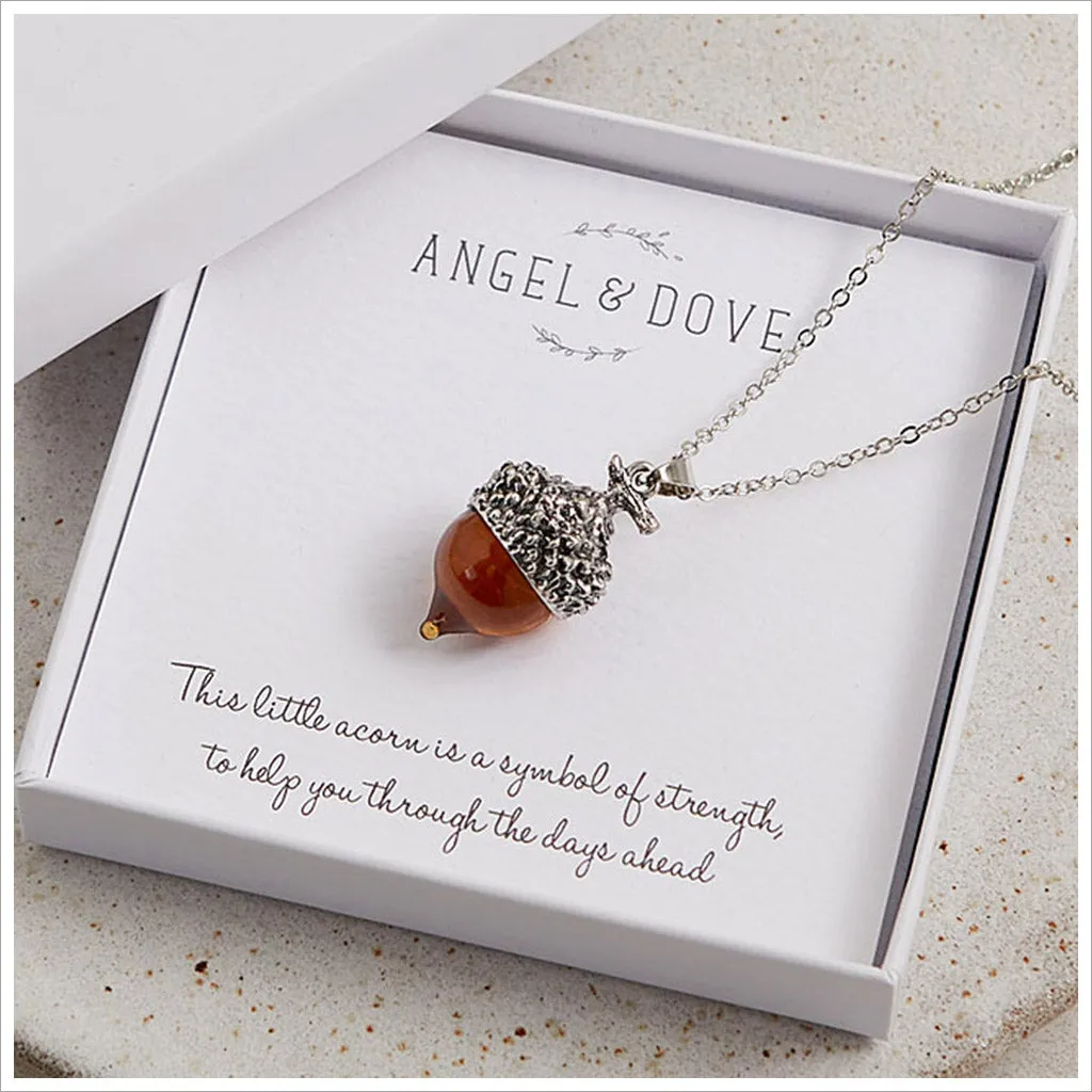 Amber Glass Acorn 'Strength' Necklace Sympathy Gift with Luxury Gift Bag & Card