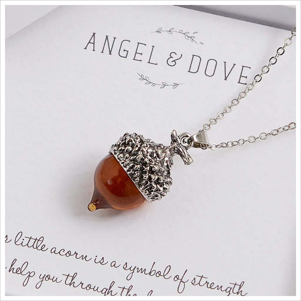 Amber Glass Acorn 'Strength' Necklace Sympathy Gift with Luxury Gift Bag & Card