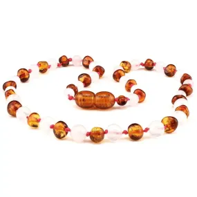 Amber Necklace Cognac and Rose Quartz | Baby 32cm
