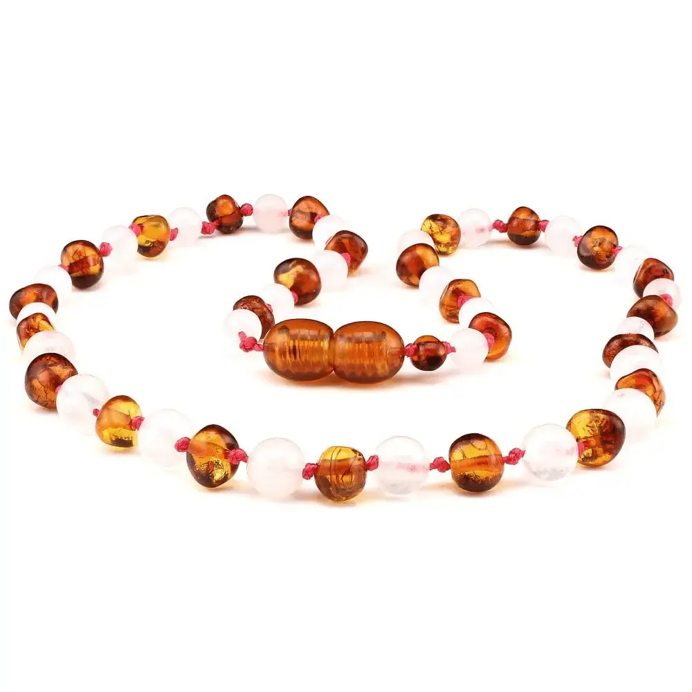 Amber Necklace Cognac and Rose Quartz | Baby 32cm