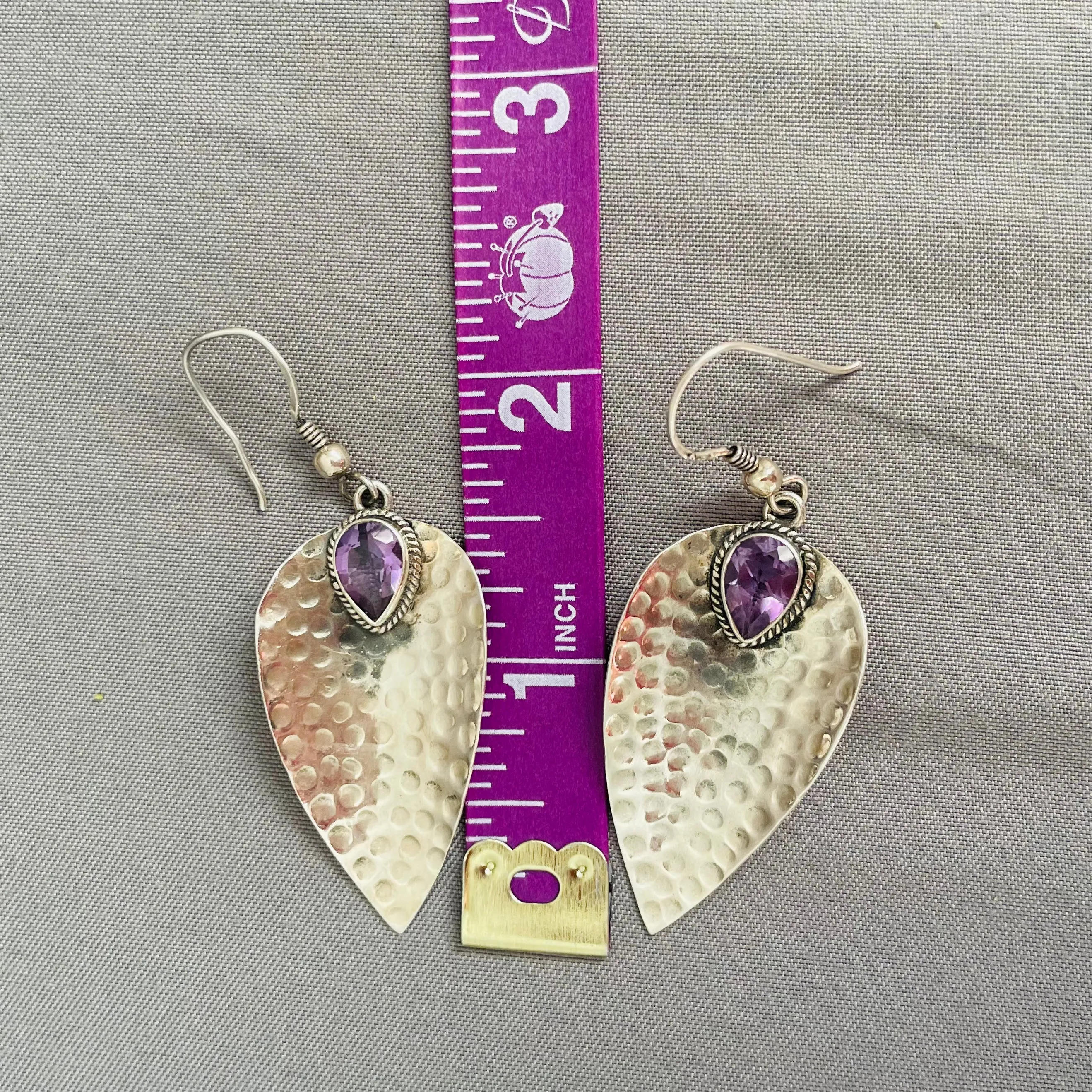 Amethyst Gem Stone Sterling Silver 925 Hammered Pierced Dangle Earrings 7.4g