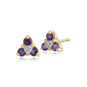 Amethyst Ohrstecker, 9 Karat Gelbgold Amethyst & Diamant Drei Stein Cluster-Ohrringe