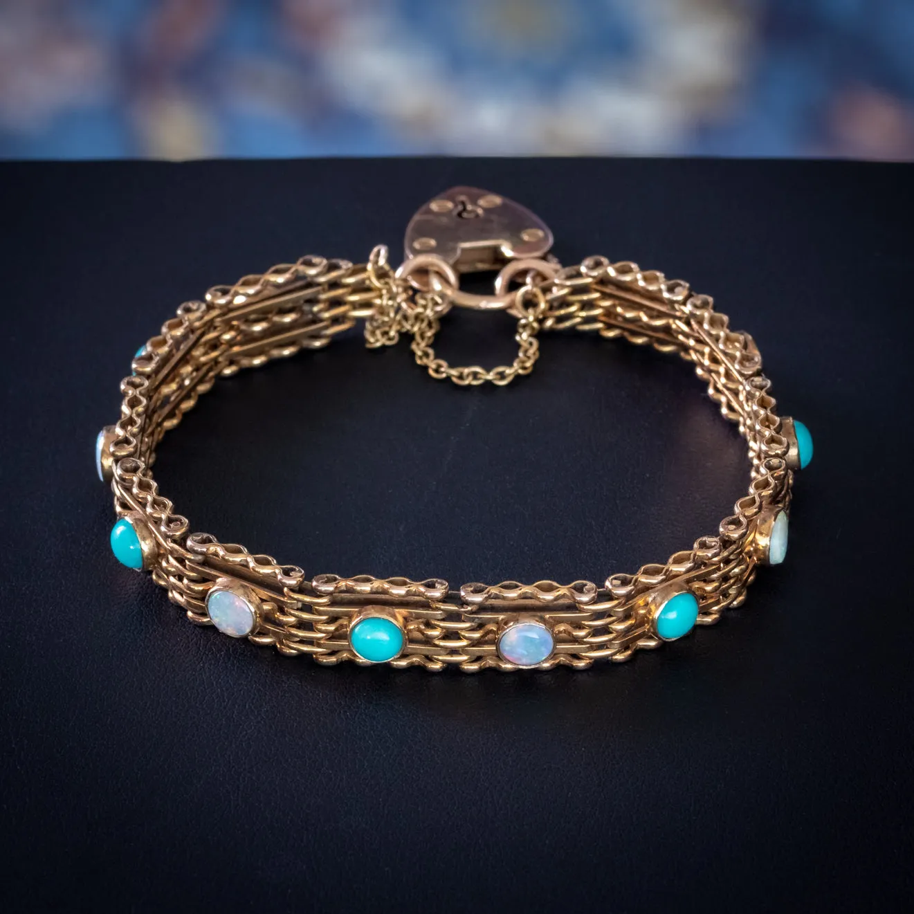 Antique Edwardian Opal Turquoise Gate Bracelet 9ct Gold Walker And Hall Circa 1901
