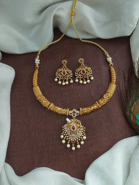 Antique Hasli / Kanti Necklace Set with Earrings - Zircon, Kemp, and Green Stones with Pearl Drops