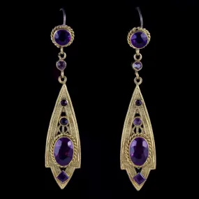 Antique Victorian Drop Earrings Purple Paste Gold Gilt Circa 1900