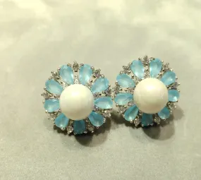 Aqua Blue Chalcedony And White Pearl Stud Flower Earrings