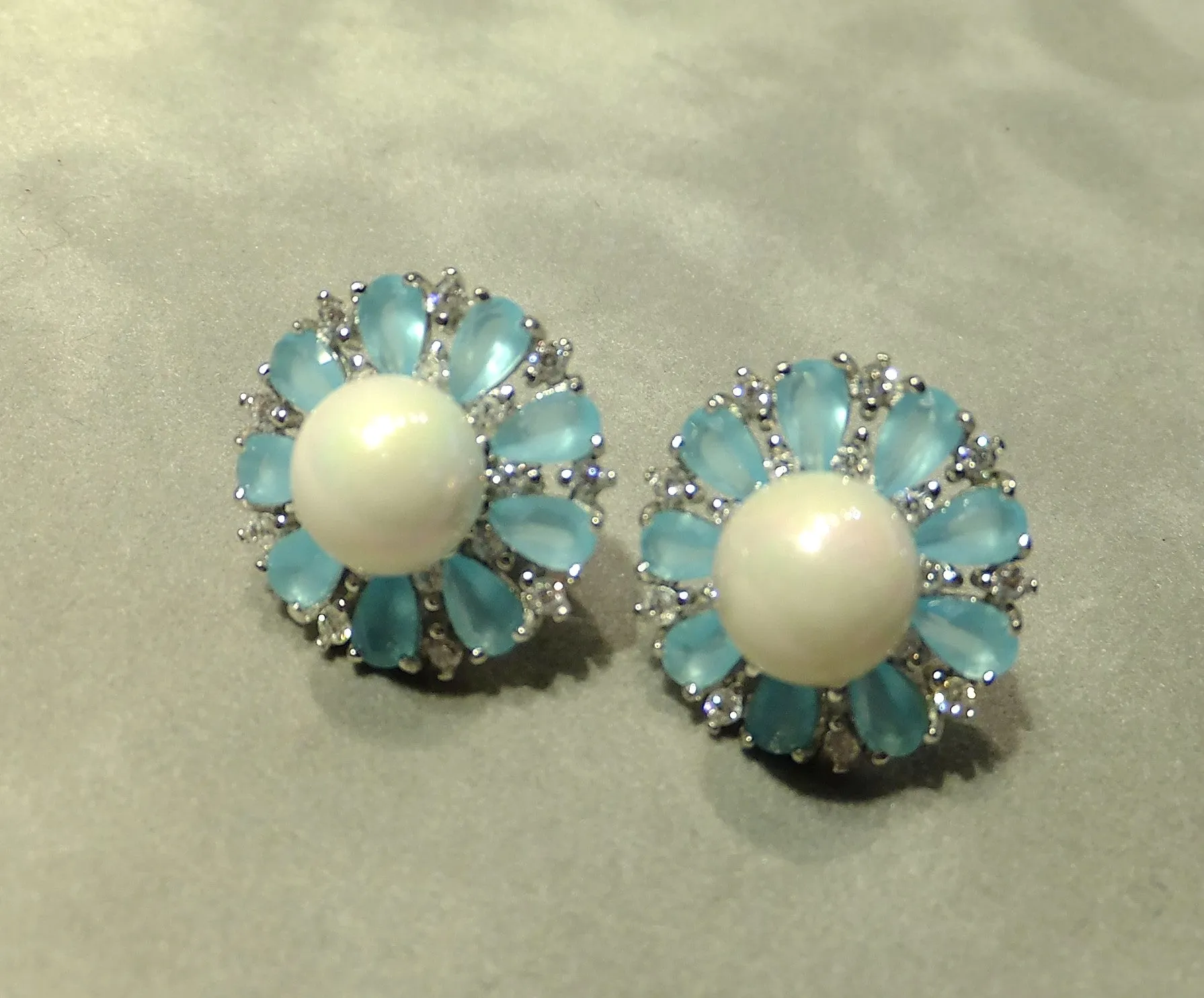 Aqua Blue Chalcedony And White Pearl Stud Flower Earrings