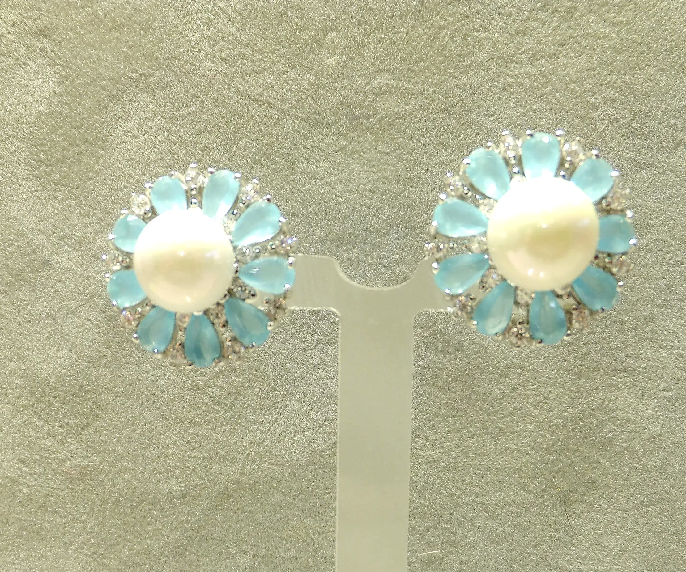 Aqua Blue Chalcedony And White Pearl Stud Flower Earrings