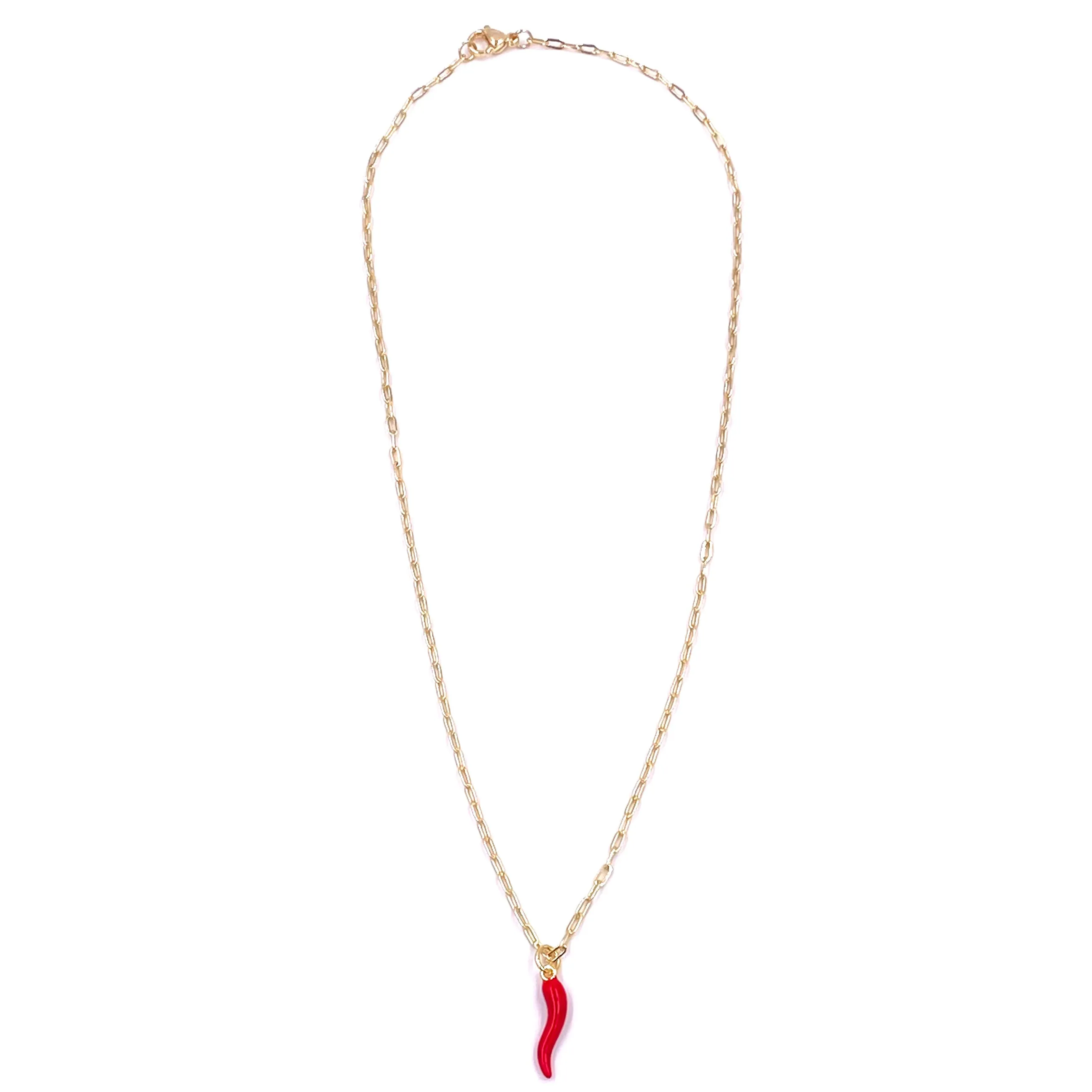 Ashley Gold Stainless Steel Gold Plated Red Enamel Horn Charm Necklace