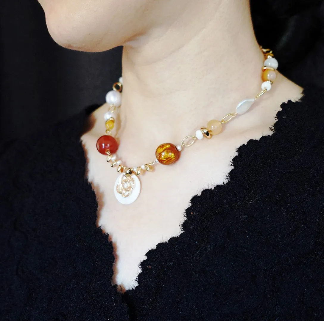 Autumn Gemstone and Pearl Station Necklace