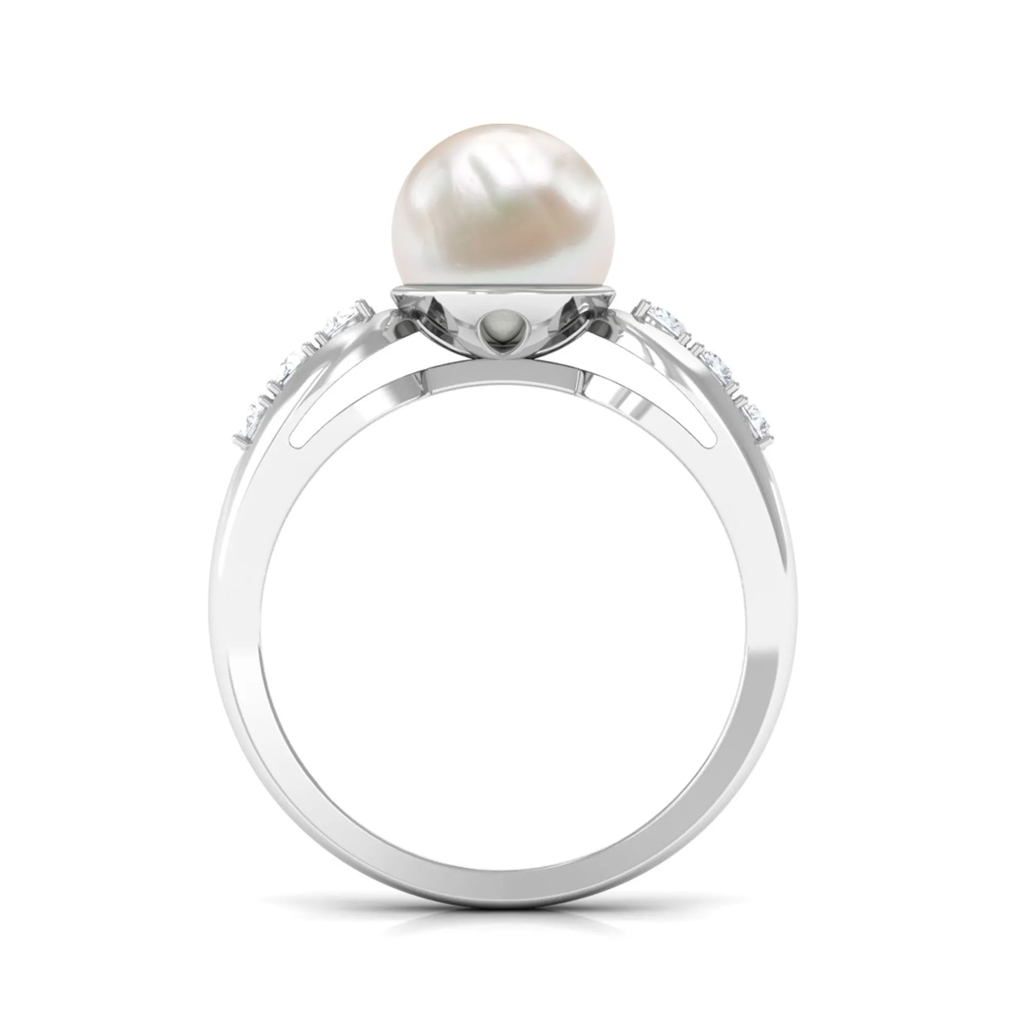 Bead Set Freshwater Pearl Solitaire Ring with Diamond Side Stones