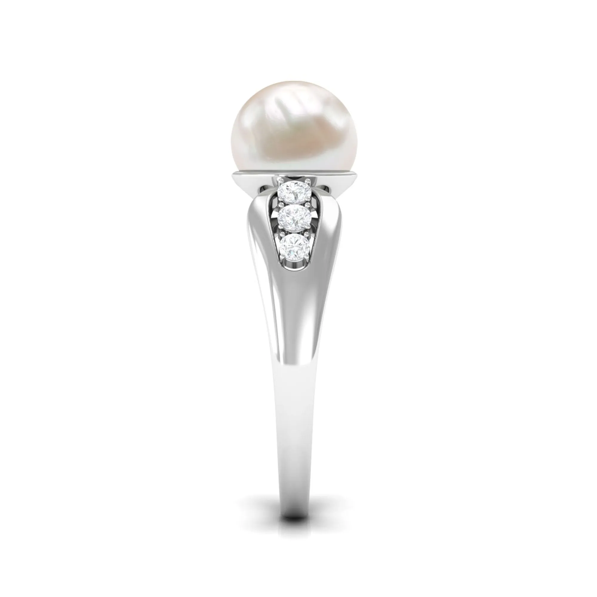 Bead Set Freshwater Pearl Solitaire Ring with Diamond Side Stones