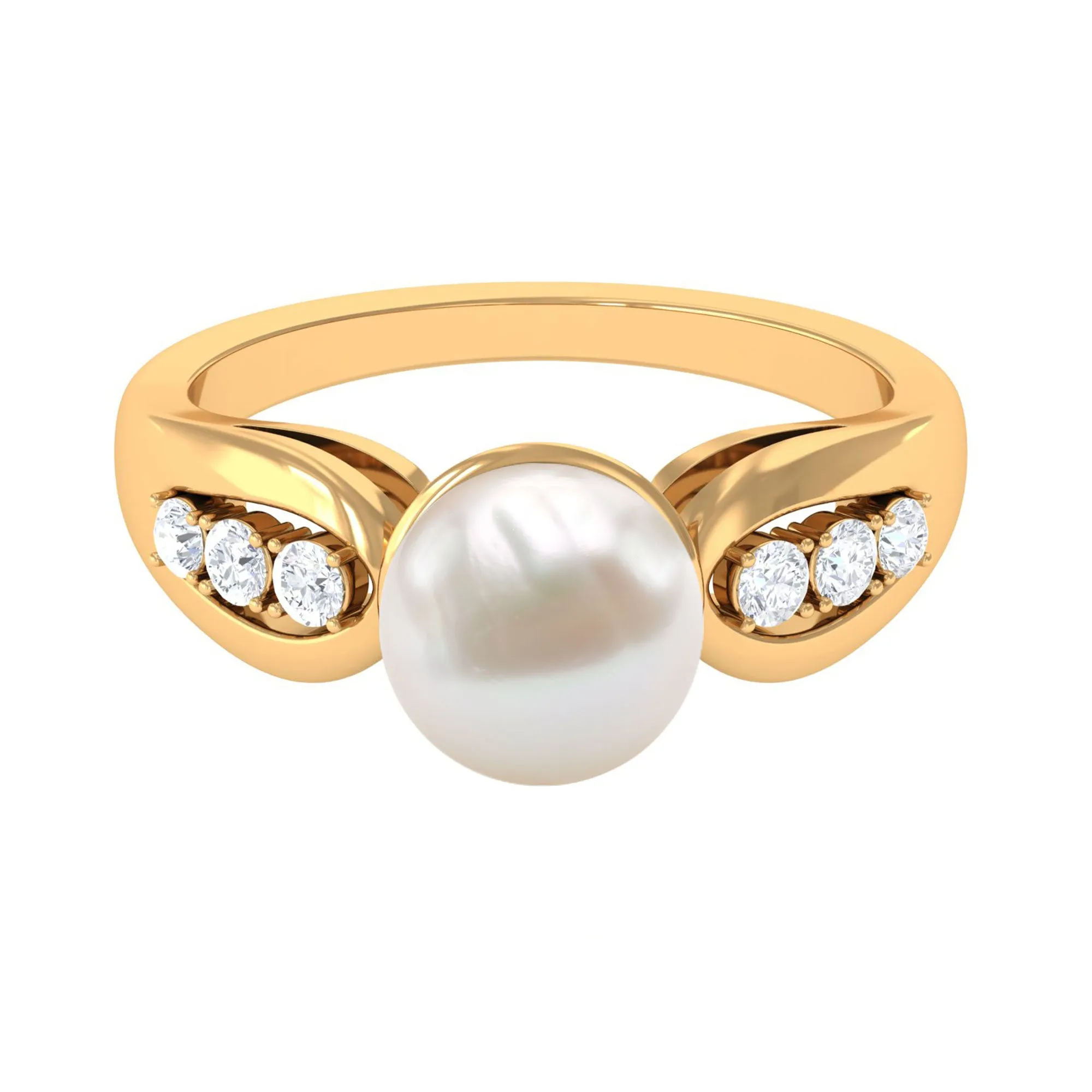 Bead Set Freshwater Pearl Solitaire Ring with Diamond Side Stones