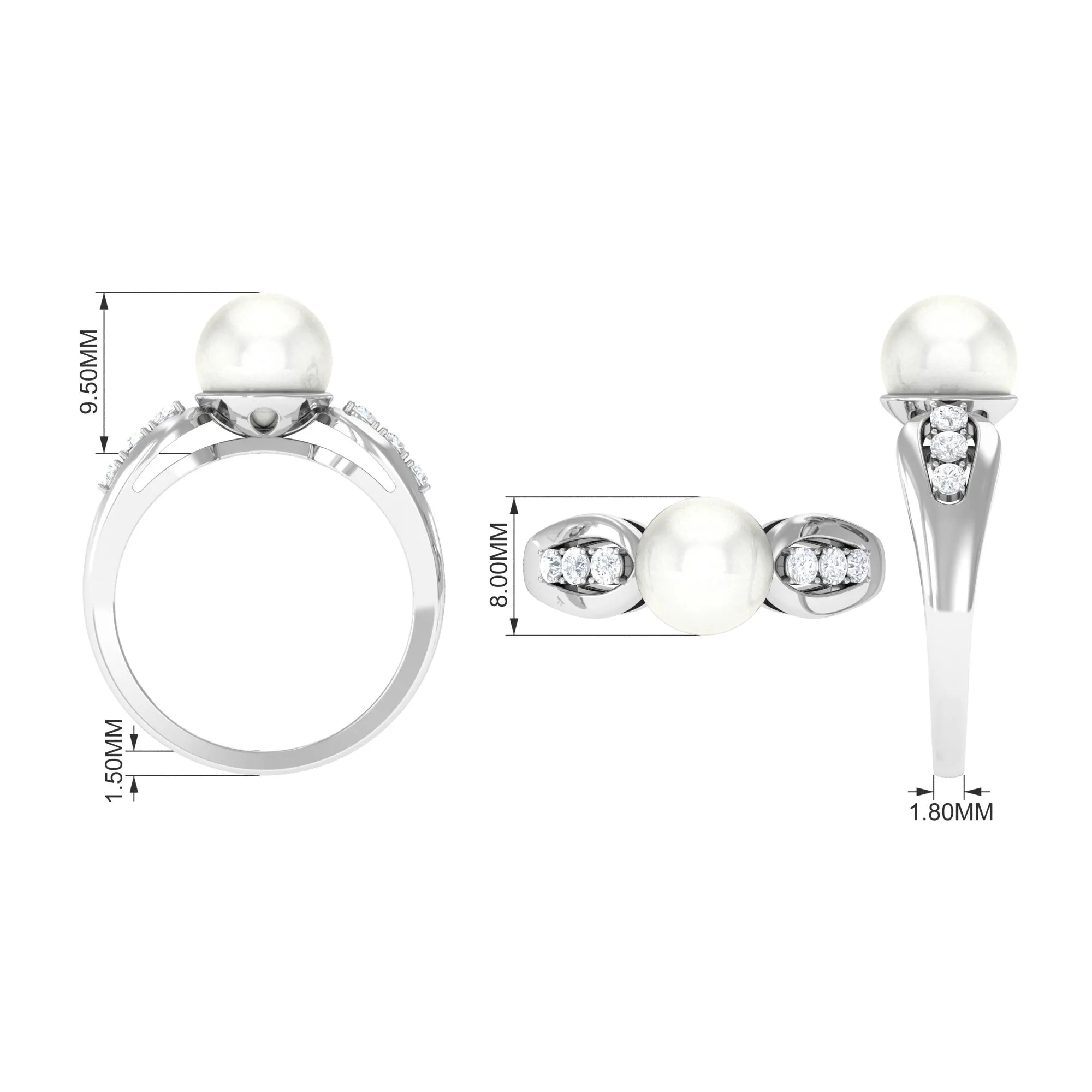 Bead Set Freshwater Pearl Solitaire Ring with Diamond Side Stones