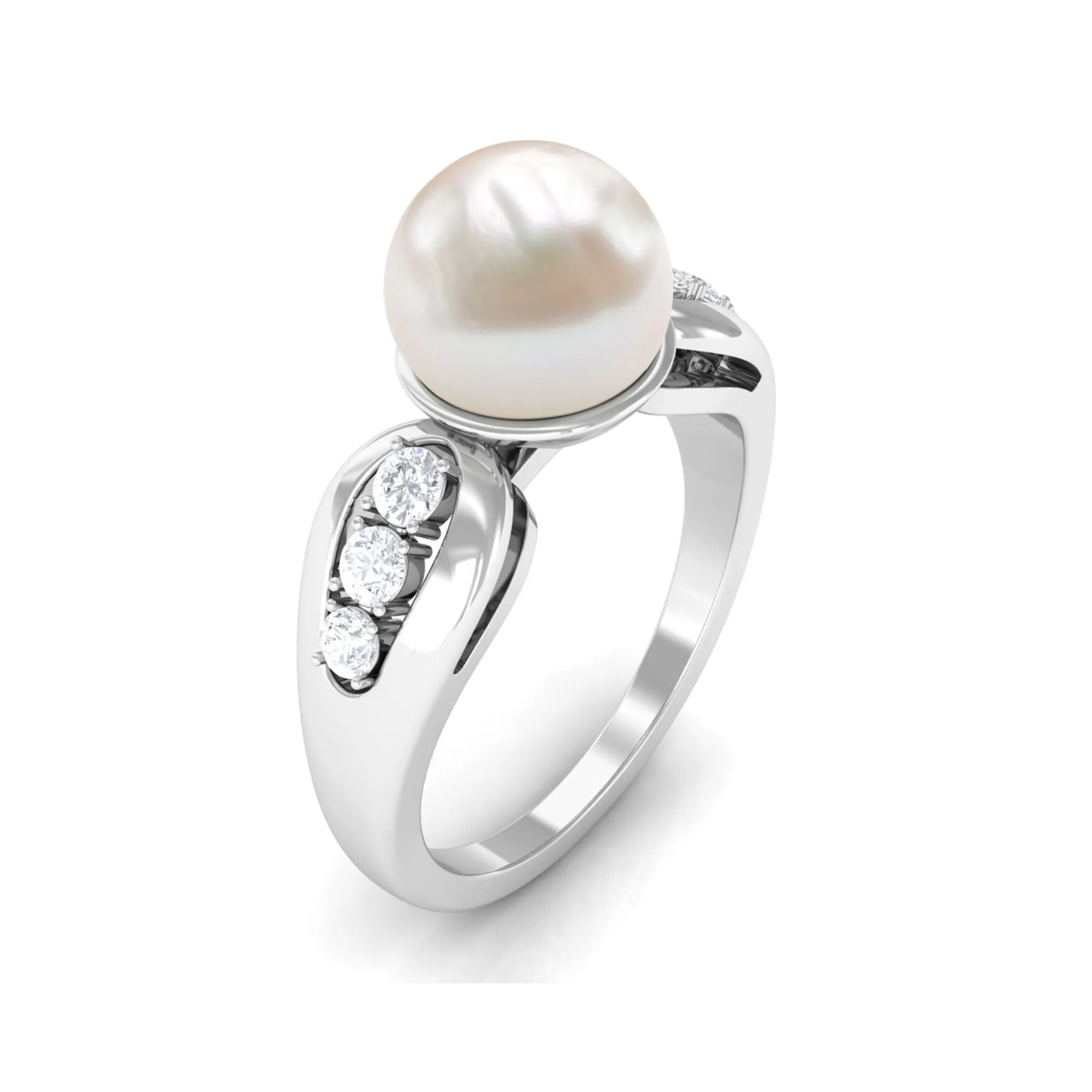 Bead Set Freshwater Pearl Solitaire Ring with Diamond Side Stones