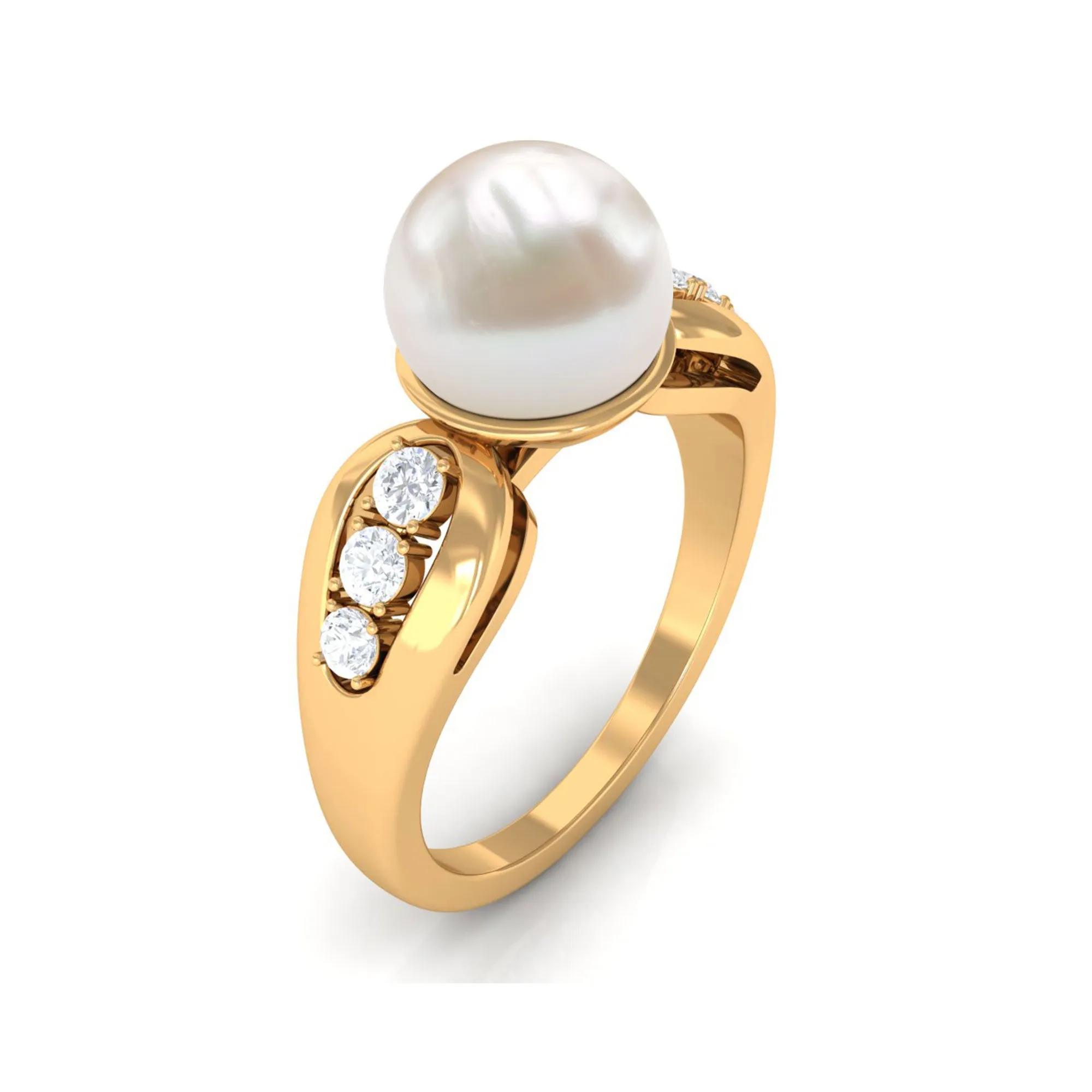 Bead Set Freshwater Pearl Solitaire Ring with Diamond Side Stones