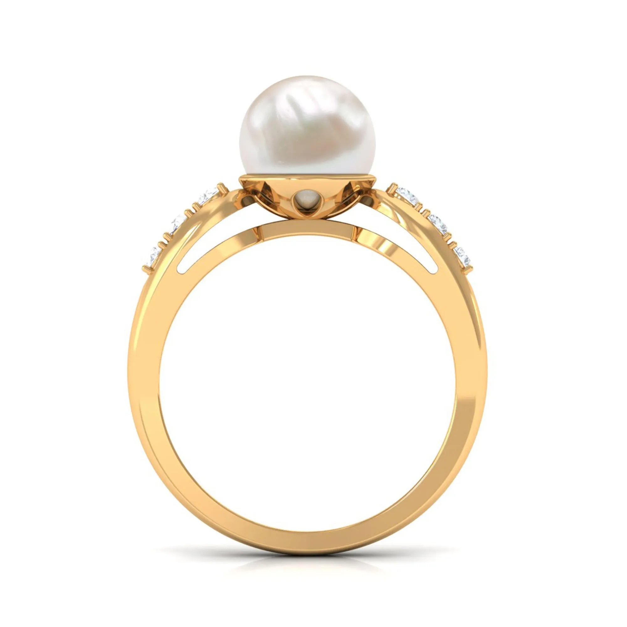 Bead Set Freshwater Pearl Solitaire Ring with Diamond Side Stones