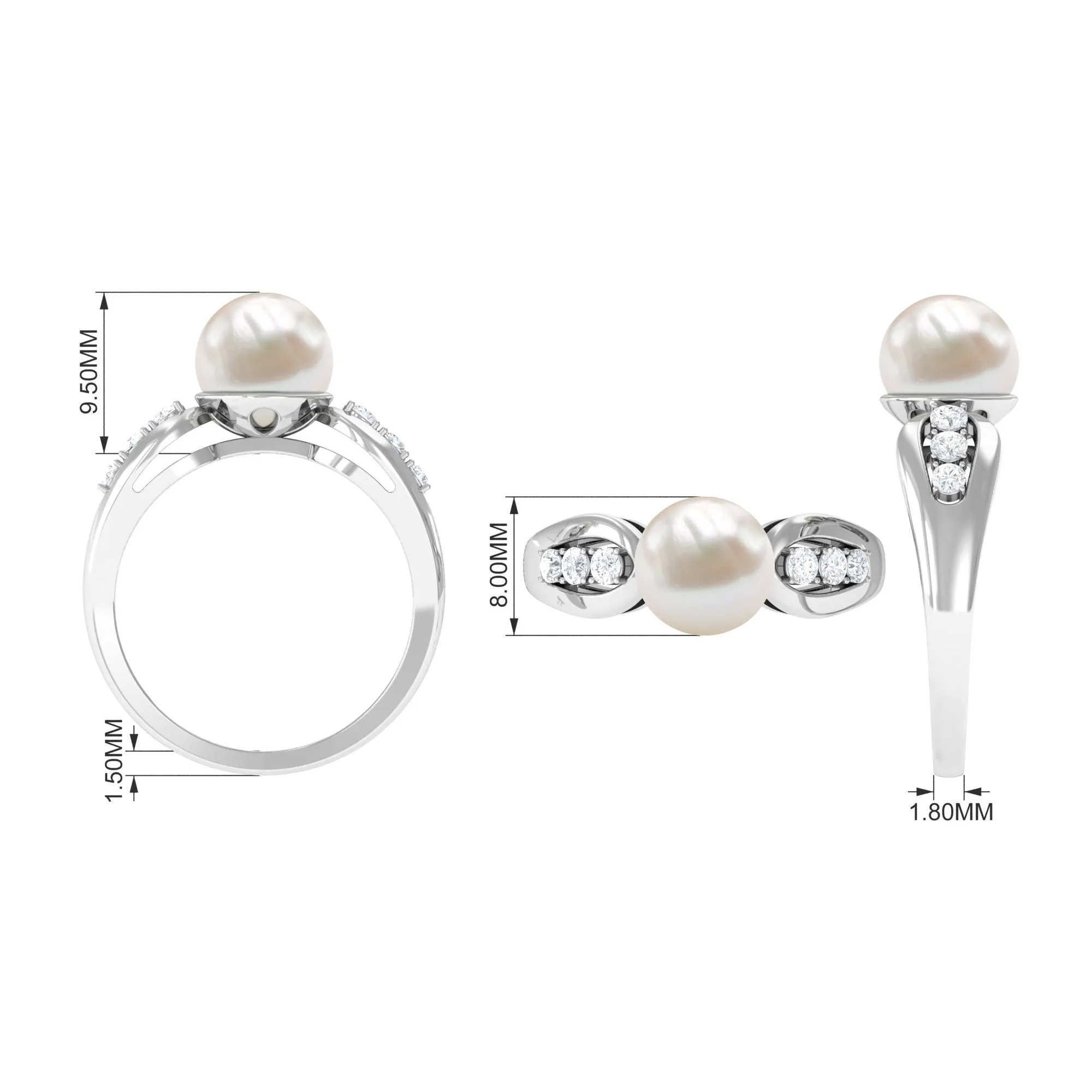 Bead Set Freshwater Pearl Solitaire Ring with Diamond Side Stones