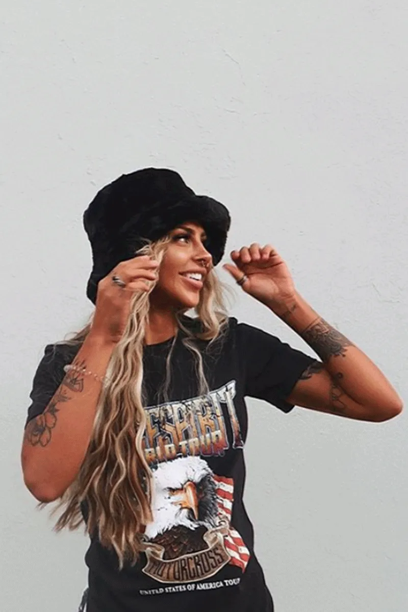 Black Faux Fur Bucket Hat - Hally