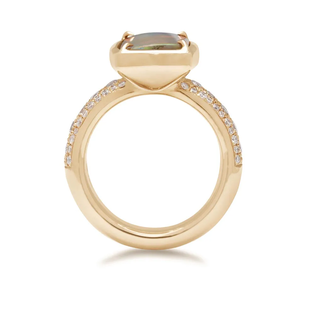 Black Opal Eleonore Tria Ring - Yellow Gold, Opal & Grey Diamonds
